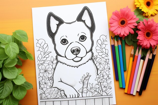 un dibujo de un perro con una flor rosa en el fondo