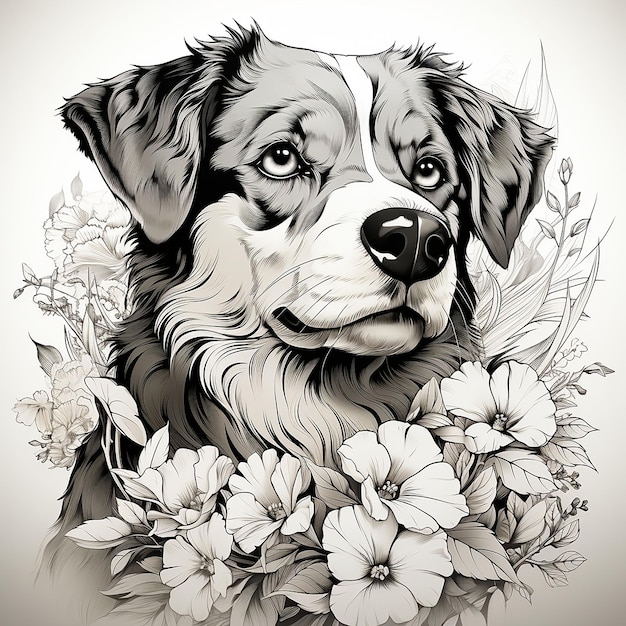 Foto un dibujo de un perro con flores alrededor