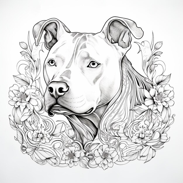 dibujo de un perro con flores y hojas a su alrededor ai generativo