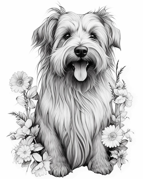 Un dibujo de un perro con flores a su alrededor ai generativo.