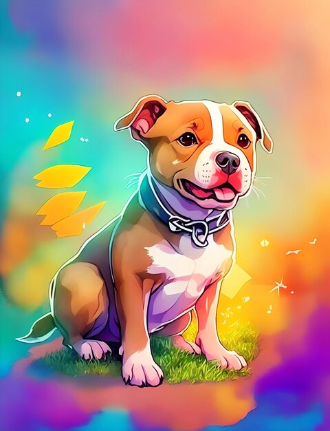 Un dibujo de un perro con un fondo de arcoíris.