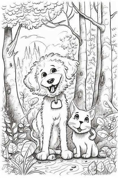 Un dibujo de un perro y un gato en un bosque.