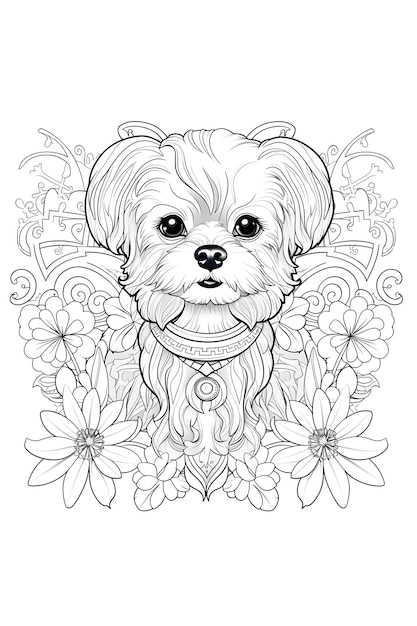 Dibujo de Perro Mandala Ilustración en Blanco y Negro para colorear