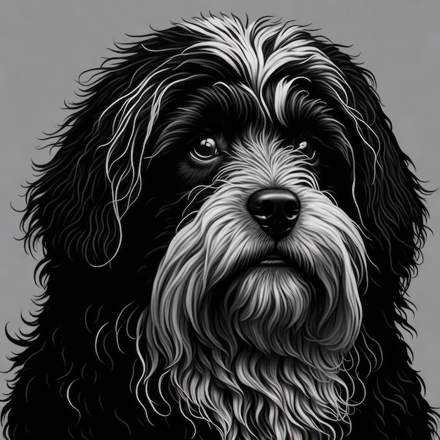 Un dibujo de un perro de pelo rizado y cara en blanco y negro.