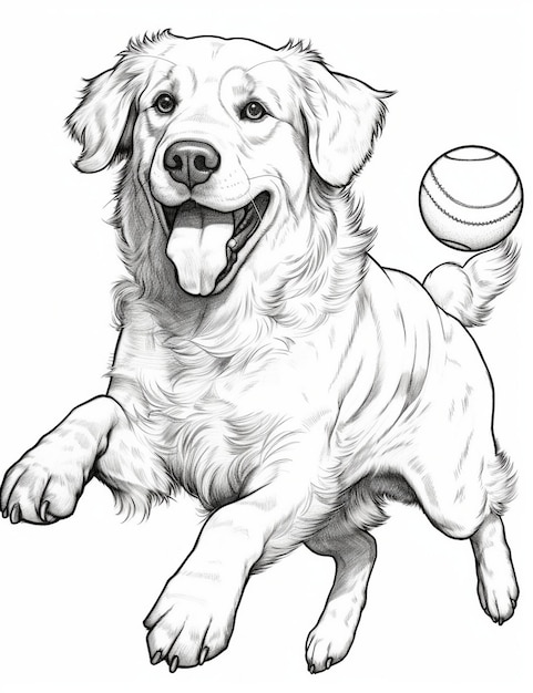 un dibujo de un perro con una pelota en la boca.