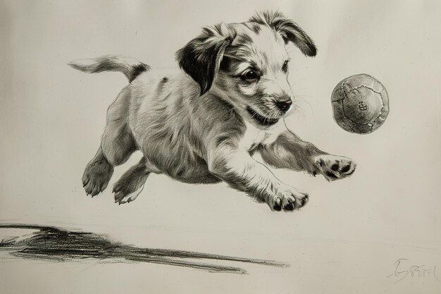 un dibujo de un perro con una pelota en él