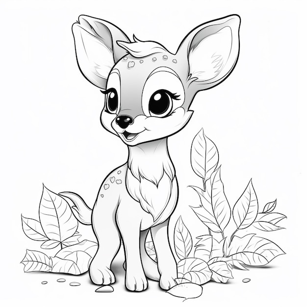 un dibujo de un perro pequeño sentado en la hierba con hojas generativas ai