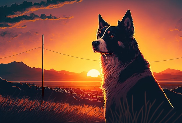 Dibujo de perro retro al atardecer