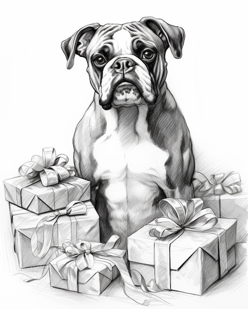 un dibujo de un perro sentado al lado de una pila de regalos generativo ai