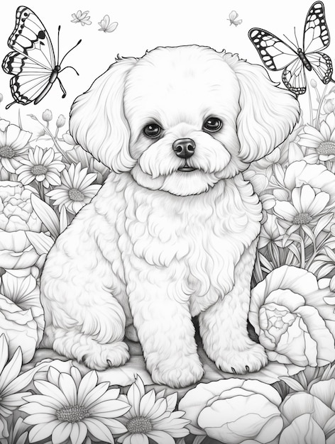 un dibujo de un perro sentado en un campo de flores generativo ai