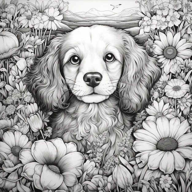 dibujo de un perro con un sombrero en un campo de flores generativo ai