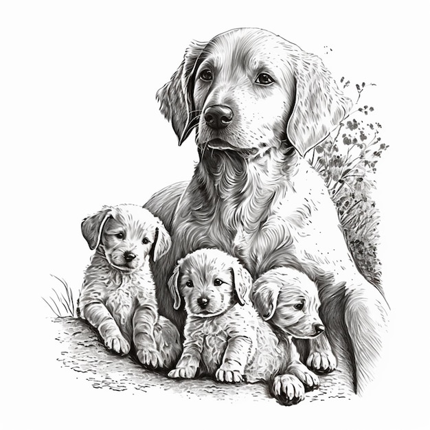 dibujo de un perro con sus cachorros generativo ai