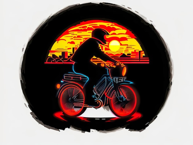 Un dibujo de una persona montando una bicicleta con el sol poniéndose detrás de ella.