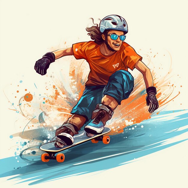 un dibujo de una persona en una patineta con una camisa naranja