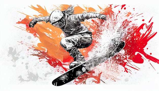 Un dibujo de una persona en una tabla de snowboard con la palabra snowboarding.