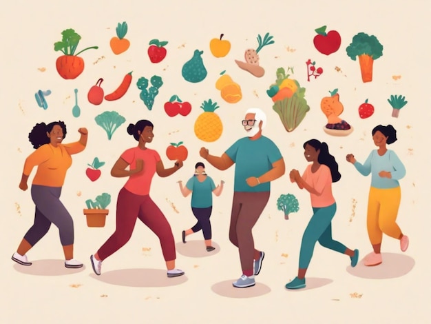 un dibujo de personas corriendo en una variedad de verduras