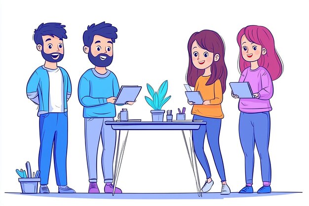 un dibujo de personas con una planta y una computadora portátil