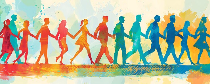 Foto un dibujo de personas tomadas de la mano y caminando en línea