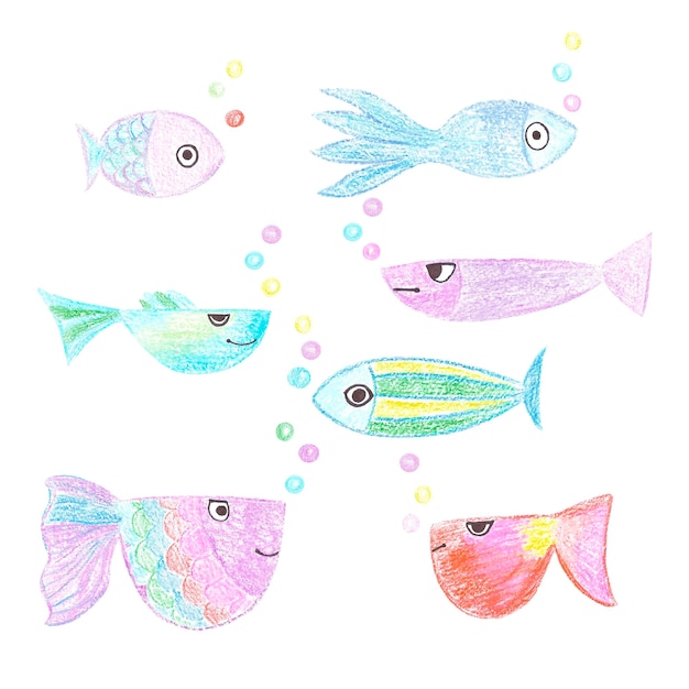 Dibujo de pescado colorido dibujado a mano con lápiz de cera Ilustración marina se puede usar para álbum de recortes de tarjetas y otros productos impresos