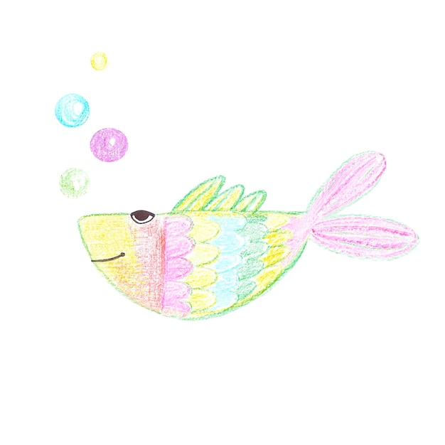 Dibujo de pescado colorido dibujado a mano con lápiz de cera Ilustración marina se puede usar para álbum de recortes de tarjetas y otros productos impresos