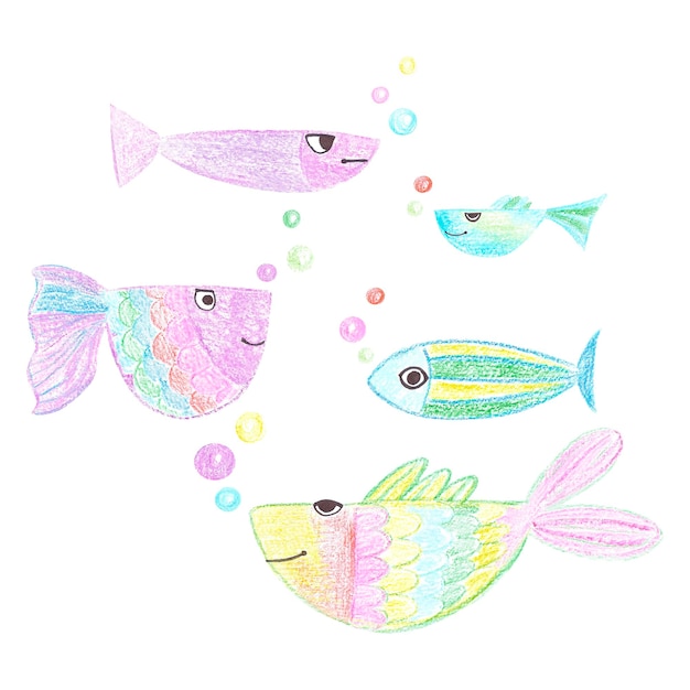 Dibujo de pescado colorido dibujado a mano con lápiz de cera Ilustración marina se puede usar para álbum de recortes de tarjetas y otros productos impresos