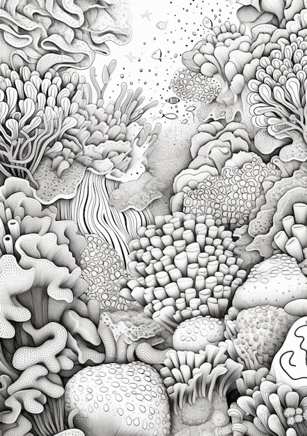 un dibujo de un pez y corales en una imagen en blanco y negro generativo ai