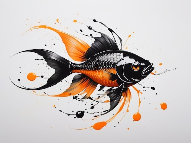 un dibujo de un pez con pintura naranja y negra