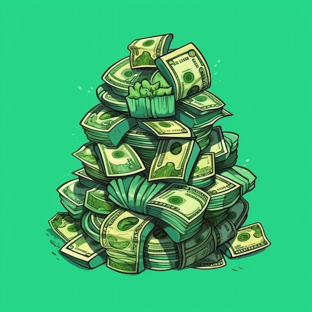 un dibujo de una pila de dinero con un fondo verde