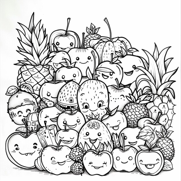 un dibujo de una pila de frutas con caras dibujadas en él