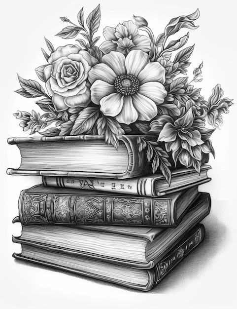 Foto un dibujo de una pila de libros con flores.