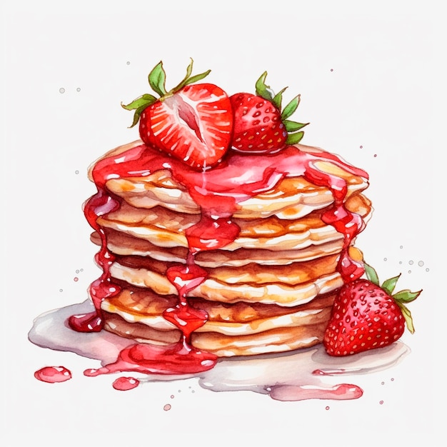 Un dibujo de una pila de panqueques con fresas encima.