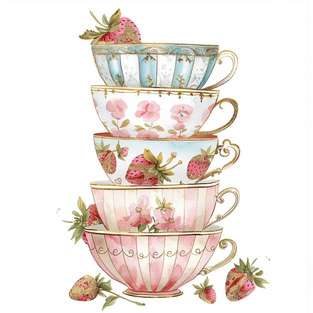 un dibujo de una pila de tazas de té con fresas en él