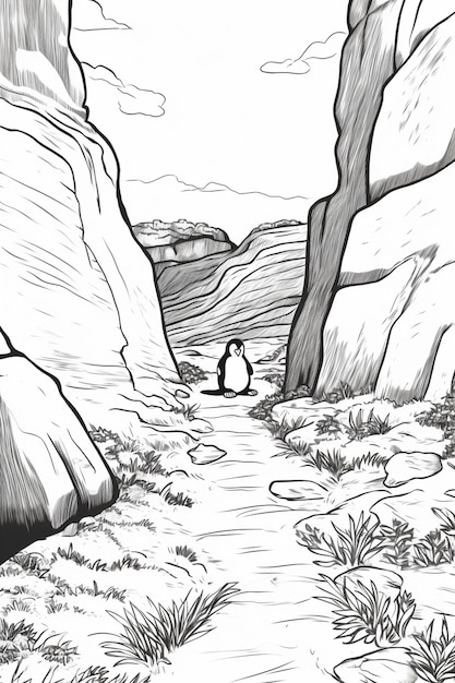 Foto un dibujo de un pingüino en un cañón con una formación rocosa generativa ai