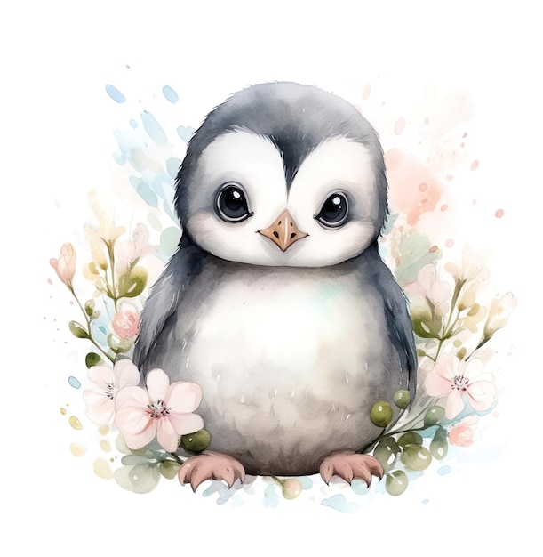 Un dibujo de un pingüino con flores y una imagen de un pingúino