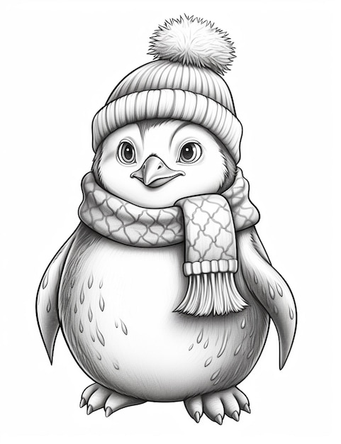 Un dibujo de un pingüino con sombrero y bufanda ai generativo.