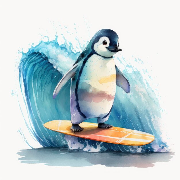 Un dibujo de un pingüino en una tabla de surf azul y blanca.