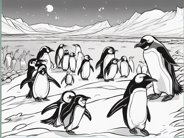 Un dibujo de pingüinos en una línea con montañas en el fondo.