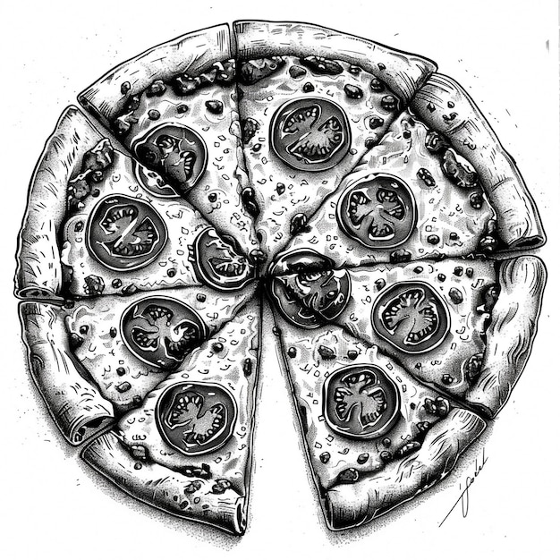 un dibujo de una pizza con una imagen de un hongo