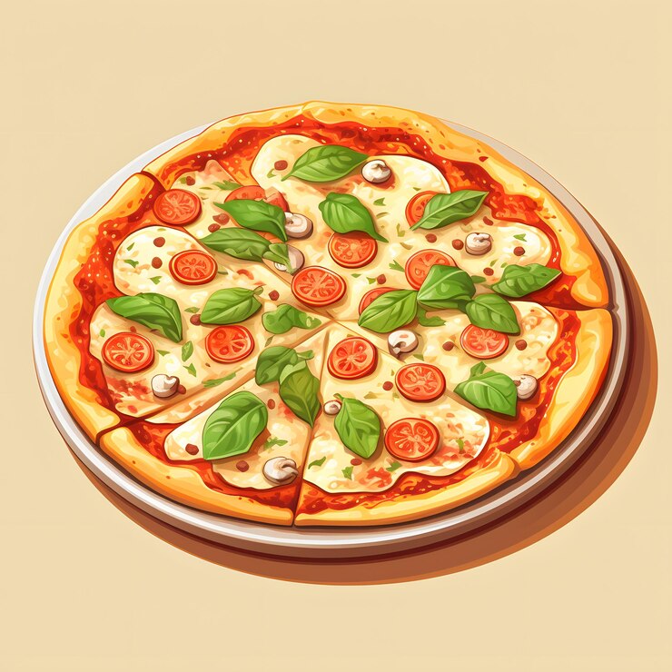 Dibujo de pizza con tomates, hojas de albahaca y queso derretido cortados en rodajas en un plato blanco