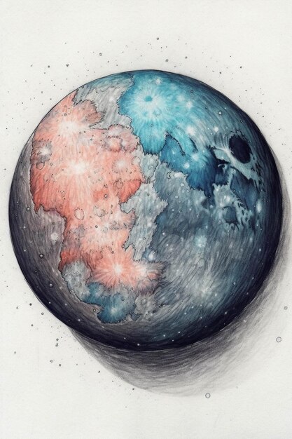 Dibujo de un planeta azul y rosa con un ai generativo de fondo blanco.