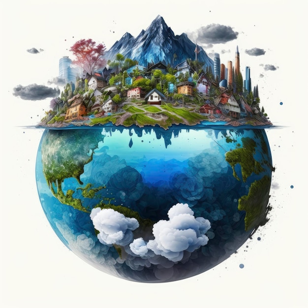 Un dibujo de un planeta con una montaña y una ciudad.