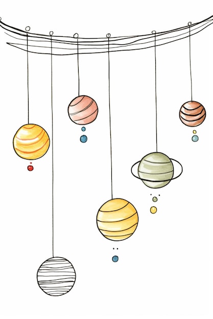 Un dibujo de planetas colgando de una cuerda.