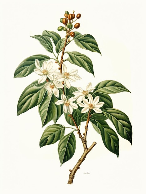 Foto un dibujo de una planta con flores blancas y hojas verdes