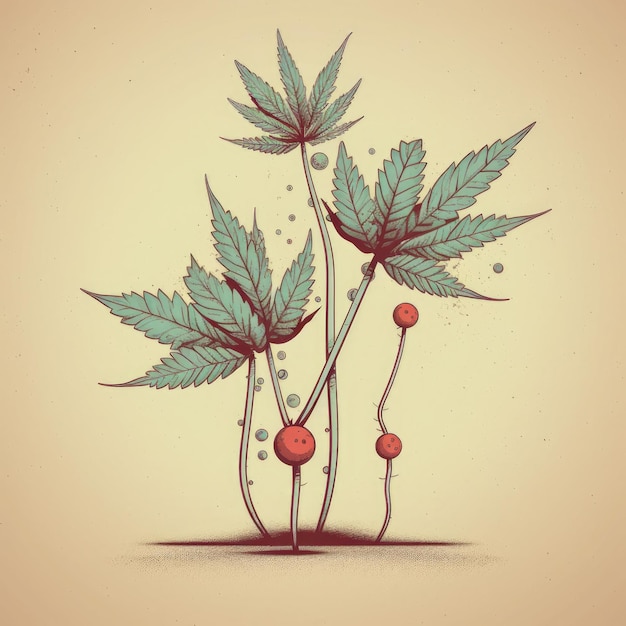 Un dibujo de una planta de marihuana con frutos rojos.