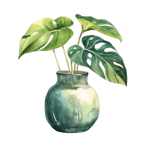 un dibujo de una planta y una olla verde con una planta en ella.