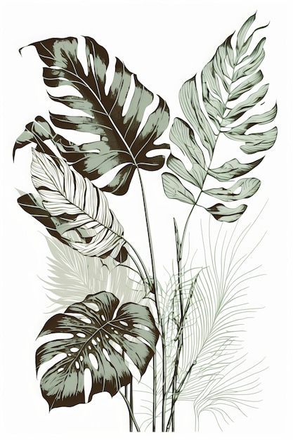 Un dibujo de plantas tropicales con hojas sobre un fondo blanco.
