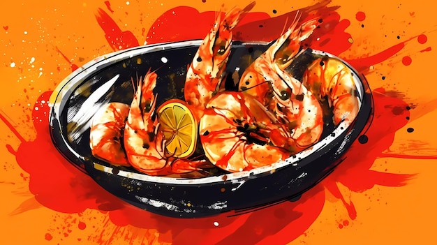 Un dibujo de un plato de camarones con limones.