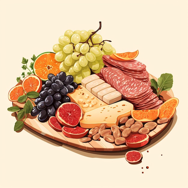 un dibujo de un plato de comida con uvas, queso y uvas