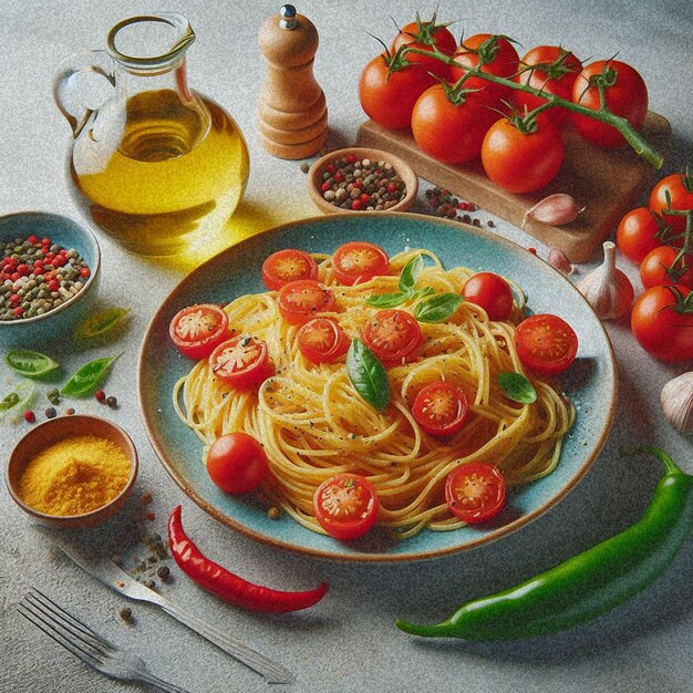 Foto dibujo de un plato de espagueti y un cuenco de pasta