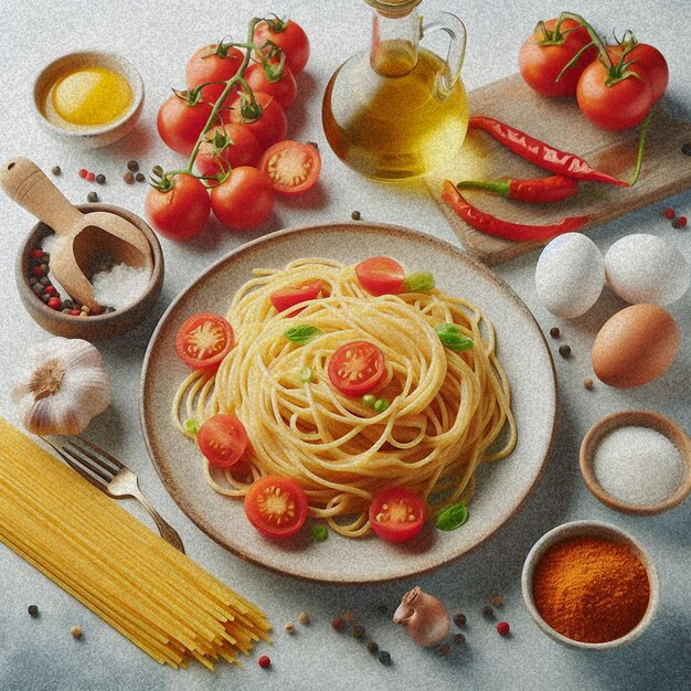 Foto dibujo de un plato de espagueti y un cuenco de pasta